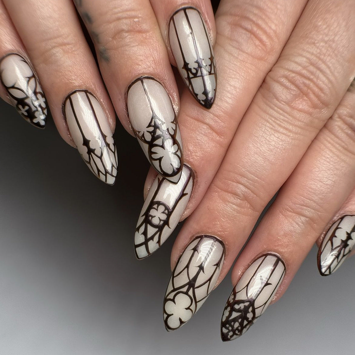 24pcs,Gothicism style nails,black fiower,almond,fluorescence,environmental protection,aily banquets,for everyone
