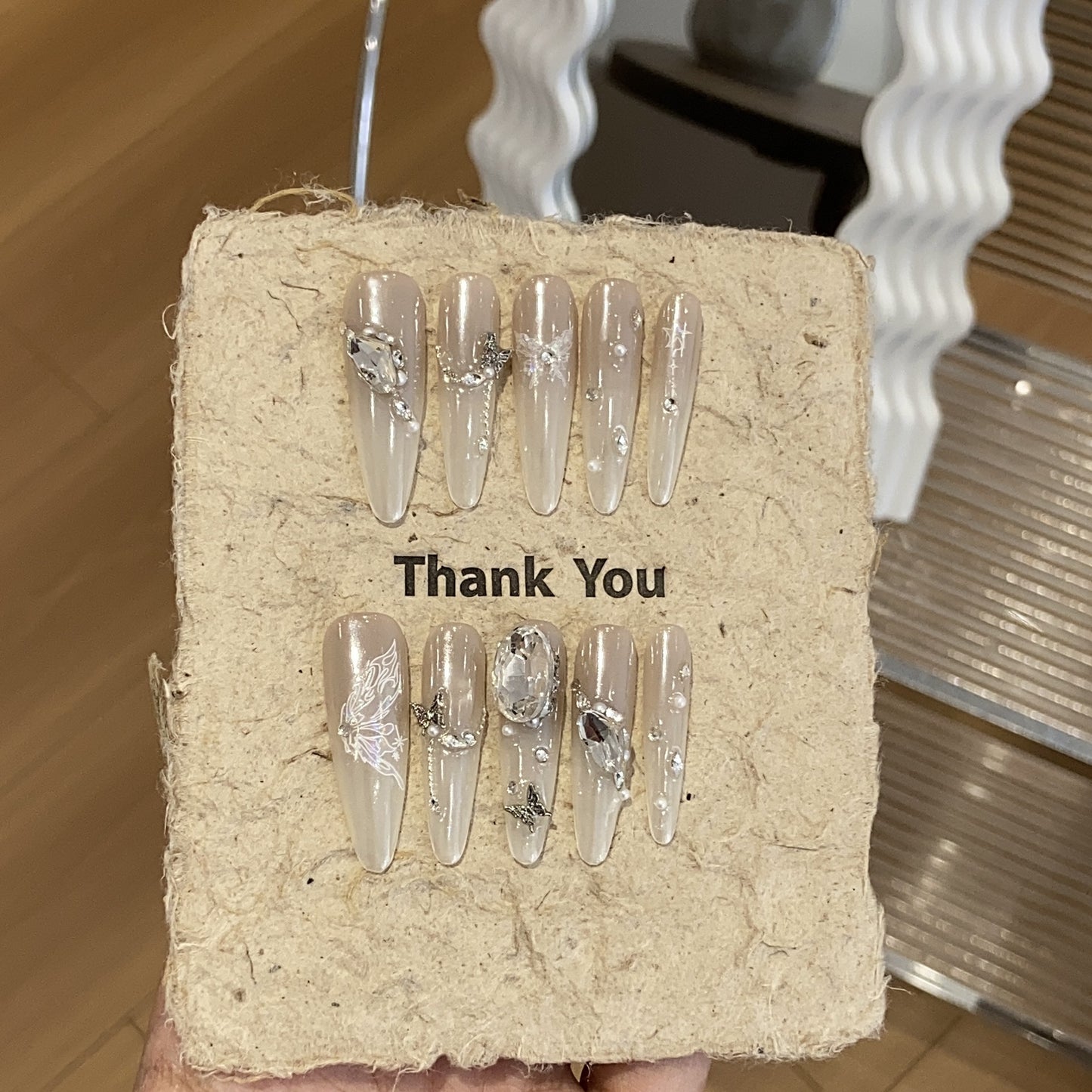 Handmade nails,Ombre nails,light luxury high-end style,gray,extra long coffin,butterfly/ pearl and chipis on nails,banquet,for everyone