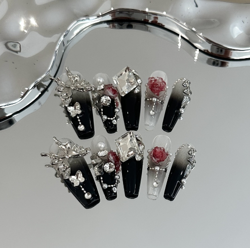 Handmade nails,light luxury high-end style,black Ombre nails,long square,camellia flower and butterfly on nails,banquet,for everyone