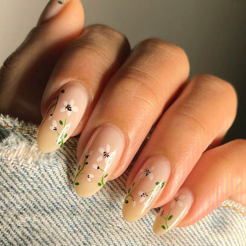 24pcs nails,gentle style,faint yellow,long oval,fiower Ombre nails,daily,reusable,for women girls
