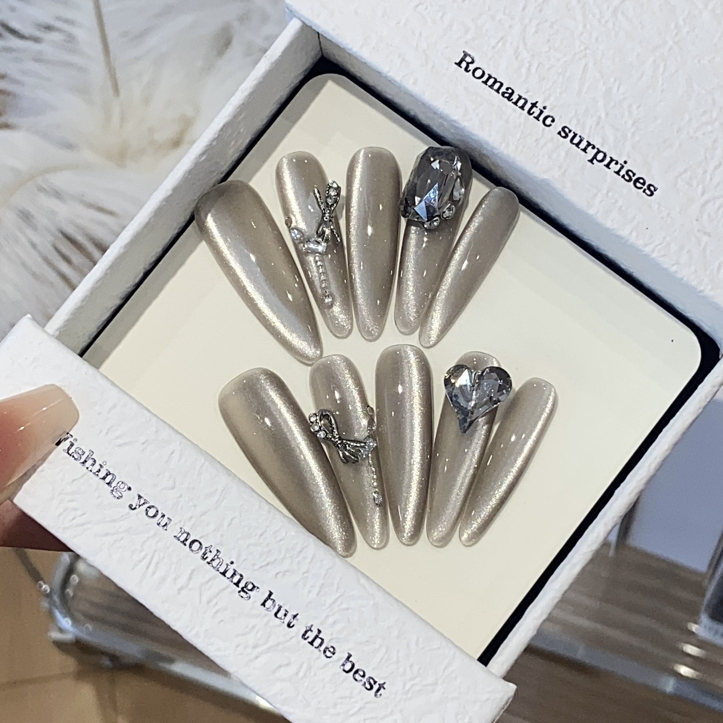 Handmade nails,light luxury high-end style,Glass bead color,extra long coffin,bow and love on nails,cat eye armor,reusable,for everyone