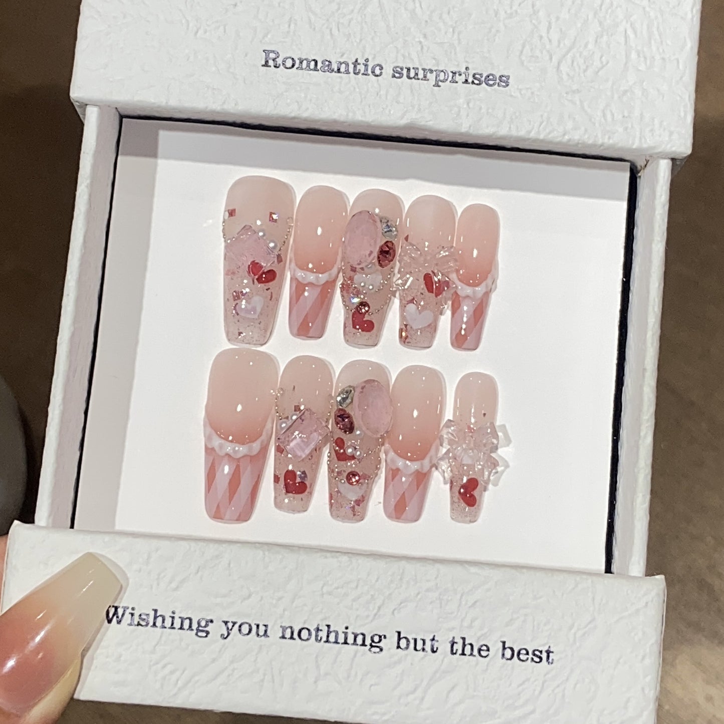 Handmade nails,sweet style nails,pink,long square,cream , silk ribbon and butterfly on the nails,reusable,for everyone