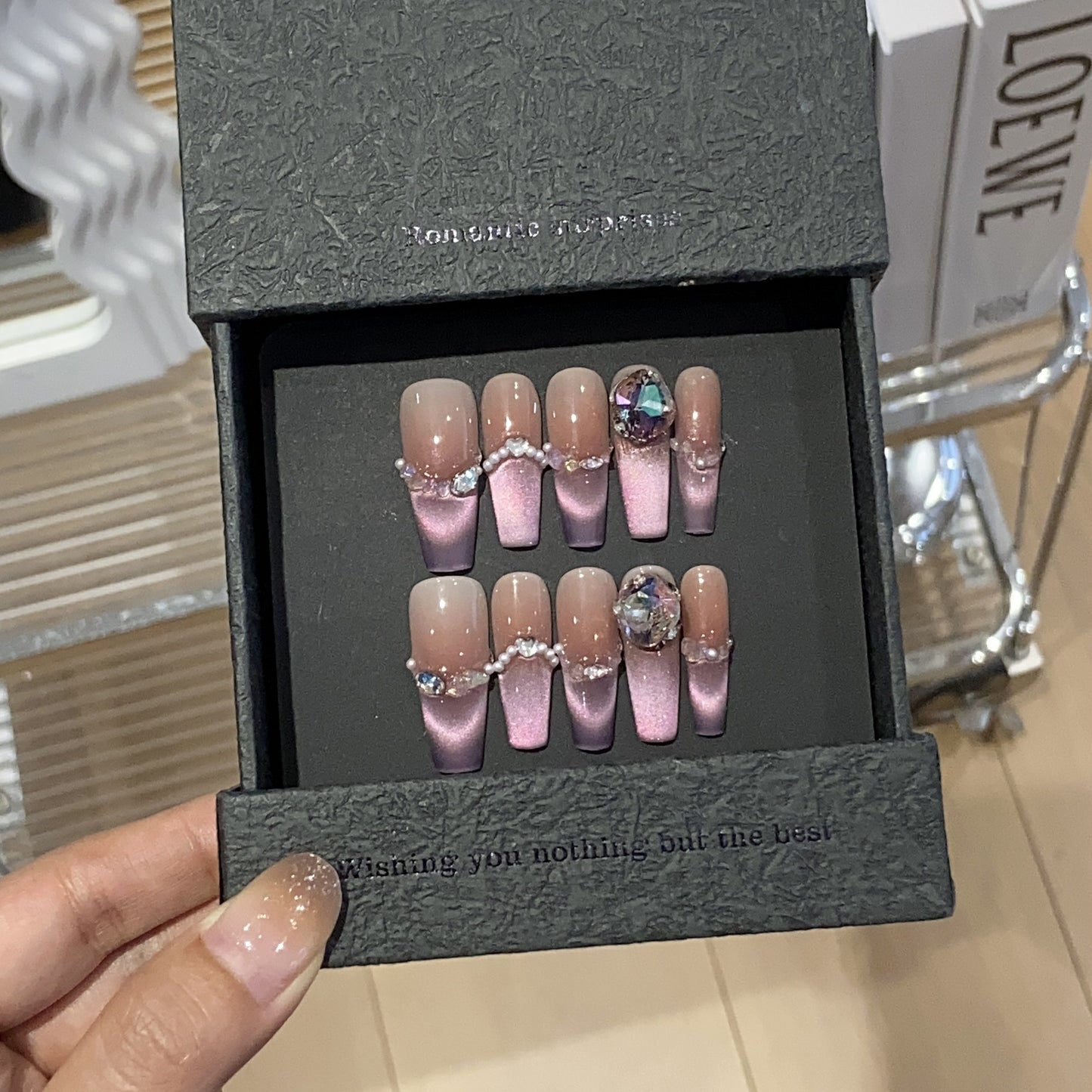Handmade,light luxury high-end style nails,purple transparent,cat eye armor,pearl diamond,reusable,aily banquets are acceptable,for every one