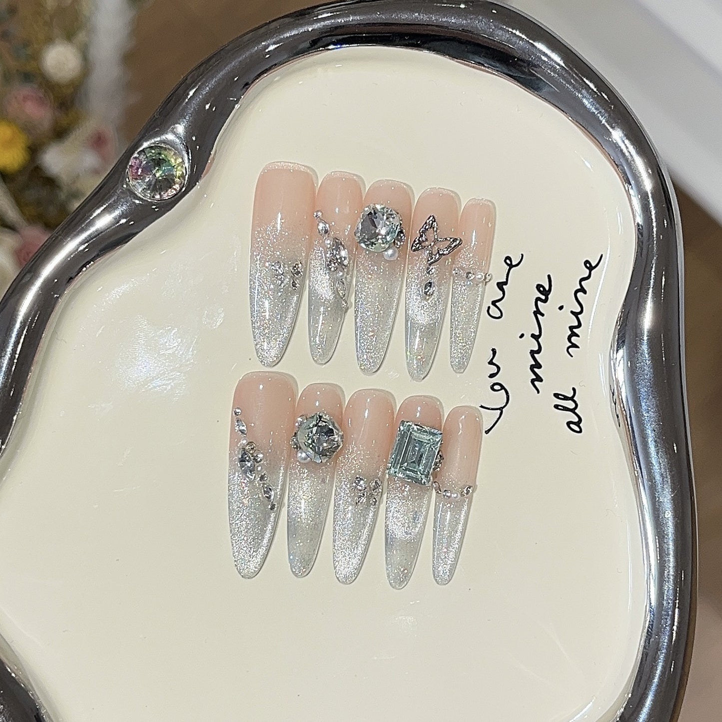 Handmade nails,cool style,silver shining nails,cat eye armor,long stiletto,diamond and butterfly,reusable,aily banquets are acceptable,for every one