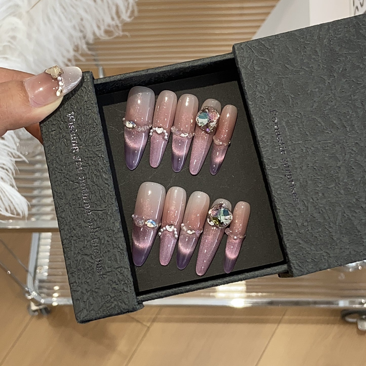 Handmade nails,Ombre nails,French style,purple,extra long coffin,diamond,cat eye armor,reusable,for everyone