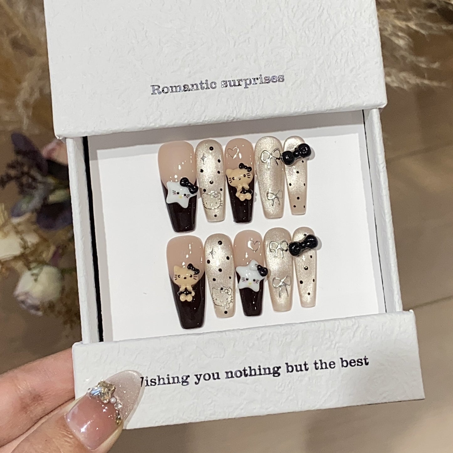Handmade nails,sweet style nails,pink and black,cat eye armor,polka dot,bow and cat on nails,long coffin, aily banquets are acceptable,for everyone