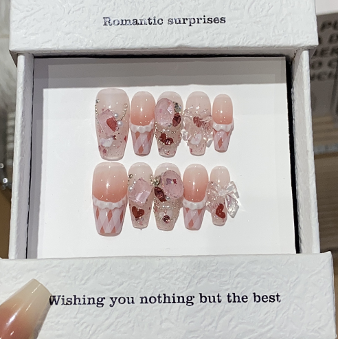 Handmade nails,sweet style nails,pink,long square,cream , silk ribbon and butterfly on the nails,reusable,for everyone