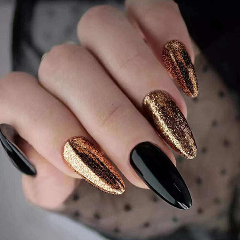 24pcs blackness nails,black and gold colour,shining design,almond,reusable,for women girls