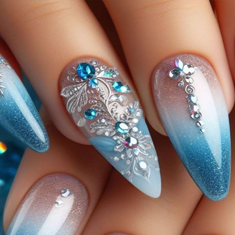 24pcs,fashionable nails,transparent and lavender,long stiletto,gemstone and fiower design,aily banquets are acceptable,for everyone