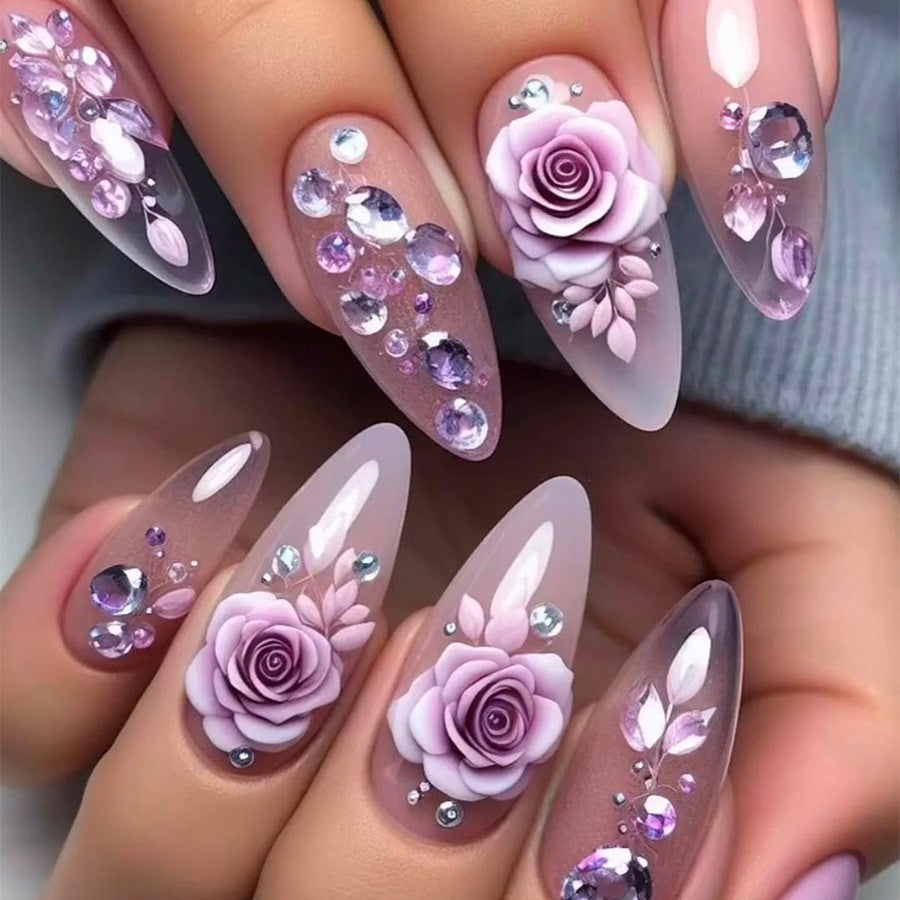 24pcs,fashionable nails,transparent and lavender,long stiletto,gemstone and fiower design,aily banquets are acceptable,for everyone