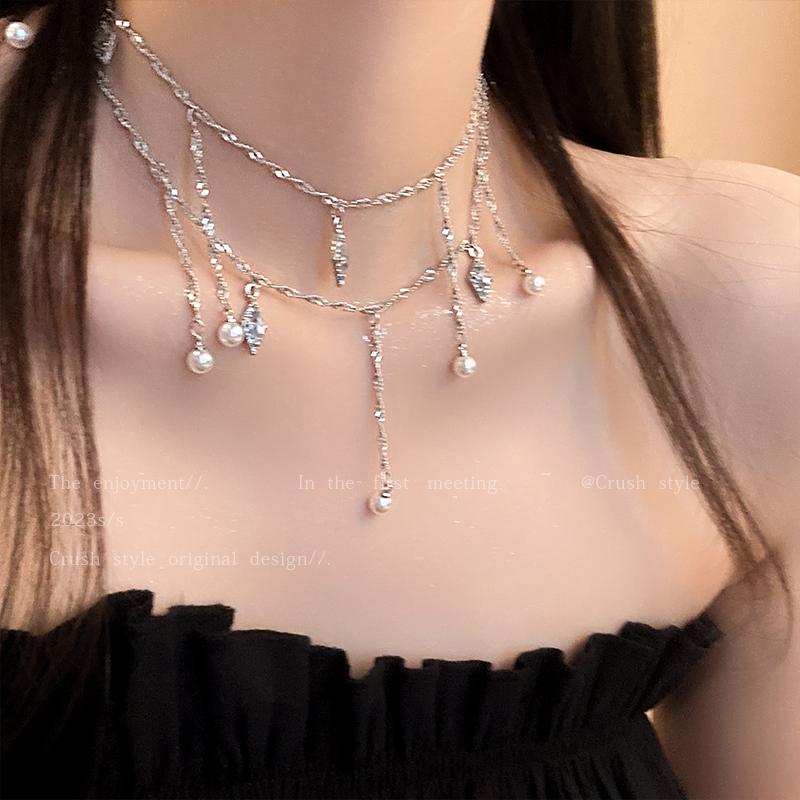 Luxury jewelry, zircon alloy, double necklace waist chain, silver, suitable for everyone