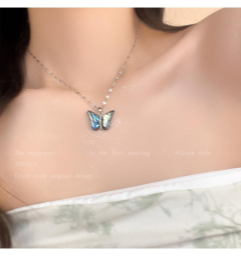Luxury jewelry, alloy, necklace butterfly shape, pink blue, suitable for everyone