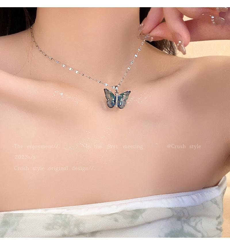 Luxury jewelry, alloy, necklace butterfly shape, pink blue, suitable for everyone