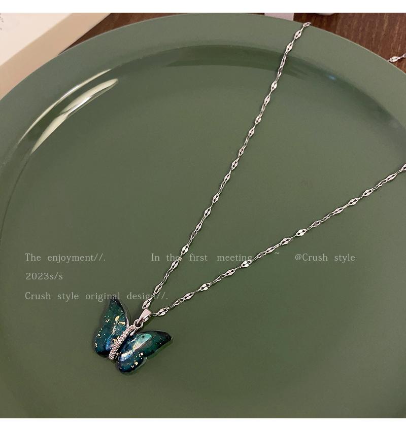 Luxury jewelry, alloy, necklace butterfly shape, pink blue, suitable for everyone