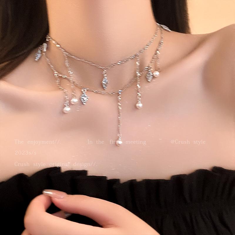 Luxury jewelry, zircon alloy, double necklace waist chain, silver, suitable for everyone