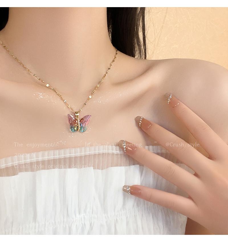 Luxury jewelry, alloy, necklace butterfly shape, pink blue, suitable for everyone