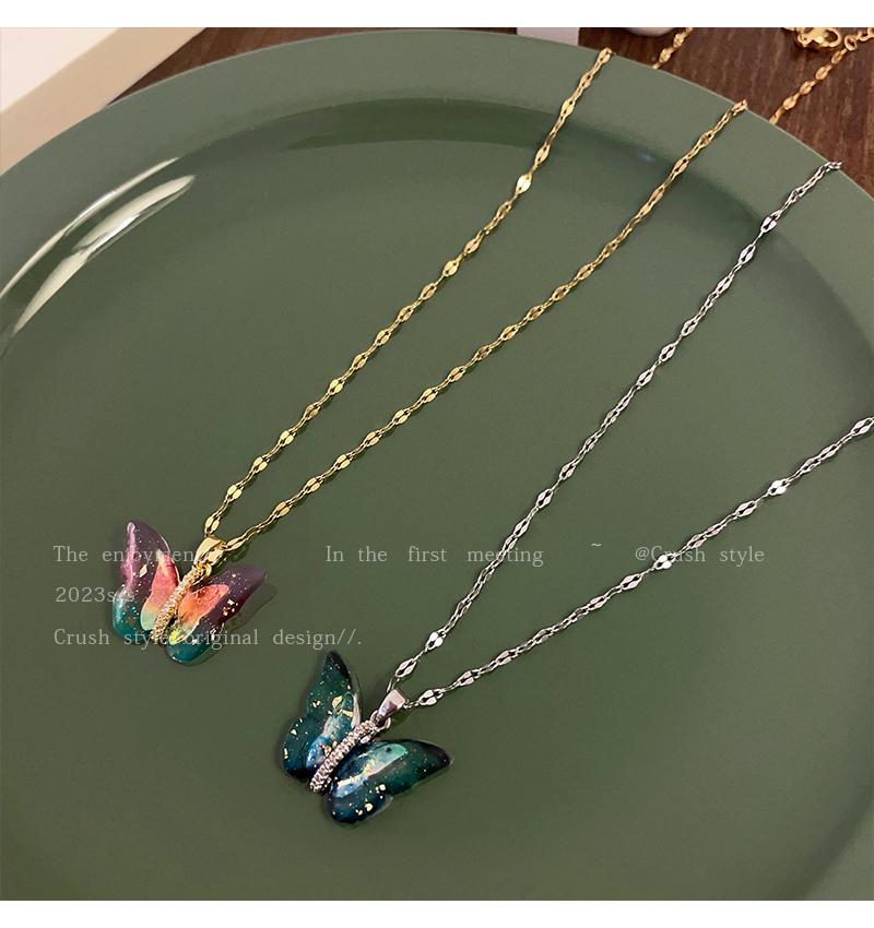 Luxury jewelry, alloy, necklace butterfly shape, pink blue, suitable for everyone