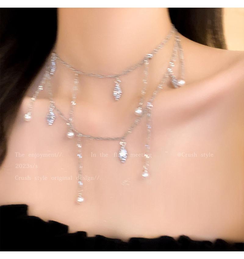 Luxury jewelry, zircon alloy, double necklace waist chain, silver, suitable for everyone