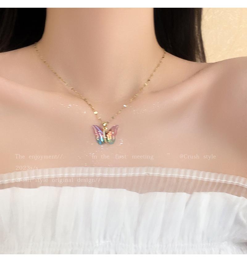 Luxury jewelry, alloy, necklace butterfly shape, pink blue, suitable for everyone