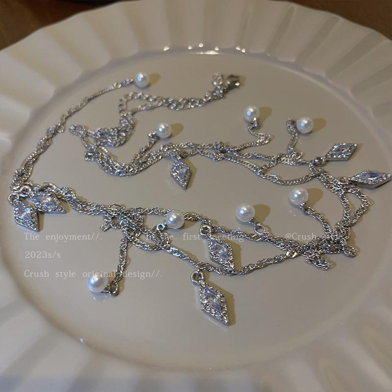 Luxury jewelry, zircon alloy, double necklace waist chain, silver, suitable for everyone