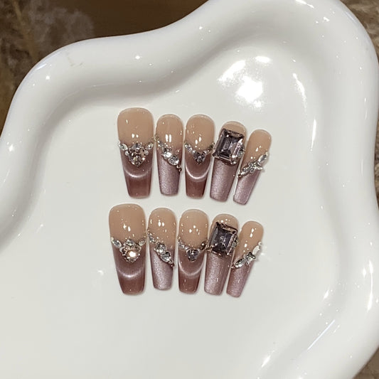 Handmade nails,Ombre nails,French style,purple,long square,diamond,cat eye armor,reusable,for everyone