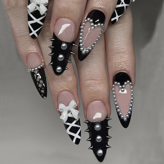 24pcs,Vintage Gilded French Manicure,pink and black,long  stiletto,love steel ball design,daily banquets are acceptable,for everyone