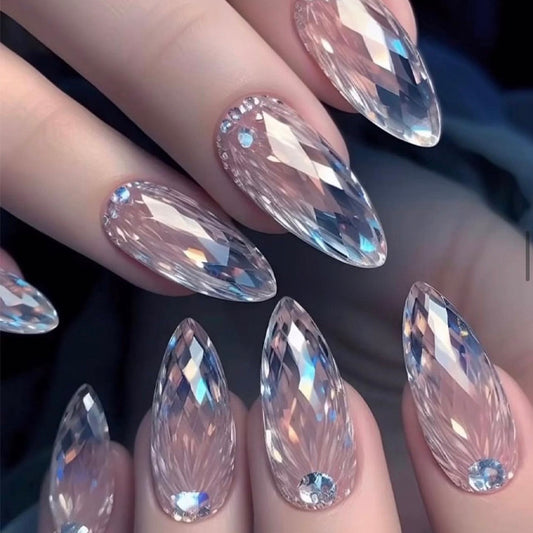 24pcs,fashionable nails,transparent  and  lavender,long  stiletto,gemstone  and fiower design,aily banquets are acceptable,for everyone