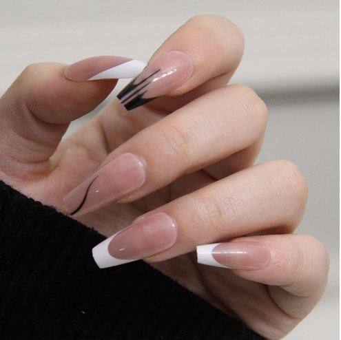 24PCS simlpe  style nails,black and white mandarin duck colour,long coffin,reusable,for daily,for everyone