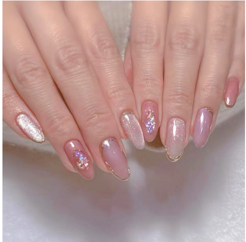 24pcs,transparent  nails,lavender colour ,short oval,cat eye armor,Machine wearing armor,daily,for everyone