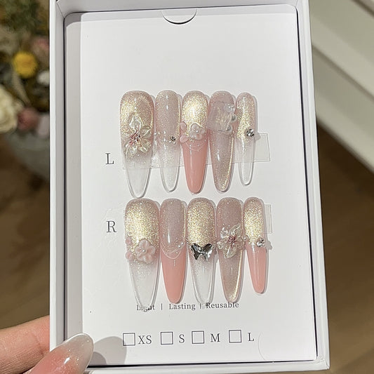 Handmade nails,classy nails,gold and pink,extra long coffin,diamond and flower,cat eye armor,banquet,for everyone