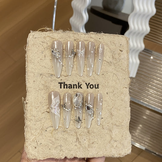 Handmade nails,Ombre nails,light luxury high-end style,gray,extra long coffin,butterfly/ pearl and chipis on nails,banquet,for everyone