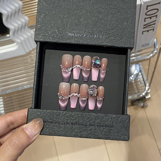 Handmade nails,Ombre nails,French style,purple,extra long coffin,diamond,cat eye armor,reusable,for everyone