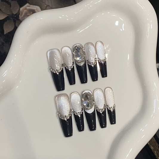Handmand nails,light luxury high-end style,silver light bulb,extra long coffin,cat eye armor,diamond,reusable,for everyone