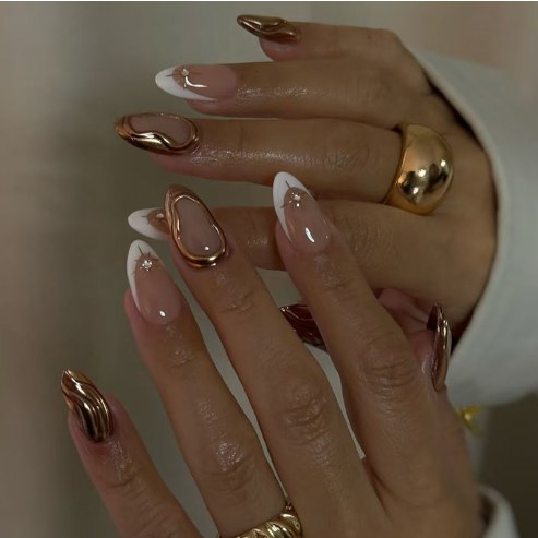 30pcs nails,French style,white,short oval,diamond and metal design,aily banquets are acceptable,for everyone