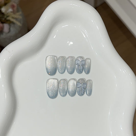 Handmade nails,   haze blue   Ombre nails,short oval,cat eye armor,butterfly on nails,reusable,daily,for everyone