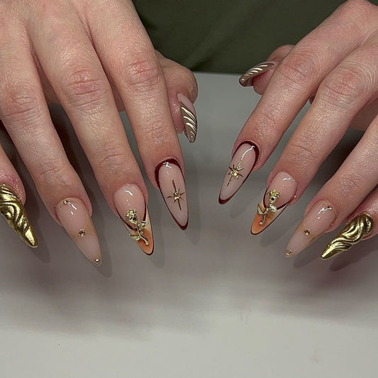 24Pcs,classy nails,pink and gold,almond,fiower and  star  design,daily banquets are acceptable,for everyone