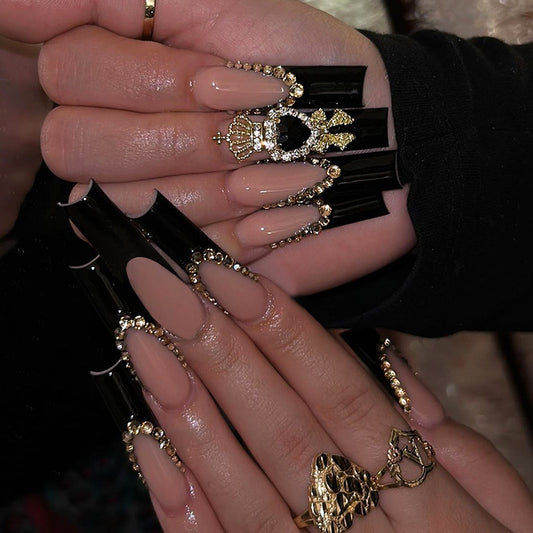 24pcs,French style nail art,shining,back and gold ，extra  long  coffin,dimond design,daily banquets are acceptable,for everyone