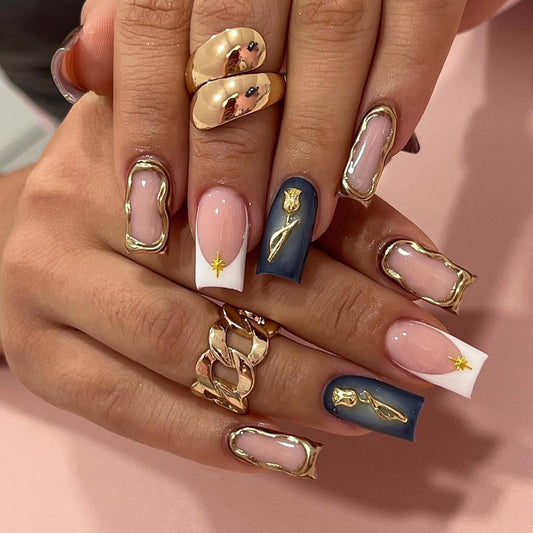 Handmade,French style nail art,long square  nails,pink and blue ，short coffin,flower and star design,daily banquets are acceptable,for everyone