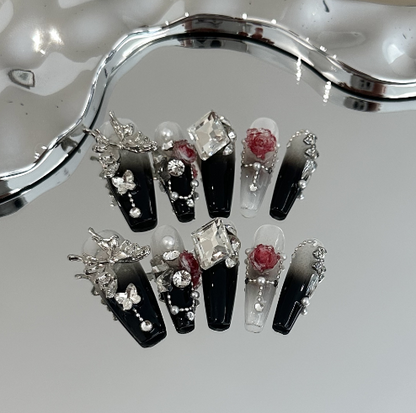 Handmade nails,light luxury high-end style,black Ombre nails,long square,camellia flower  and butterfly on nails,banquet,for everyone