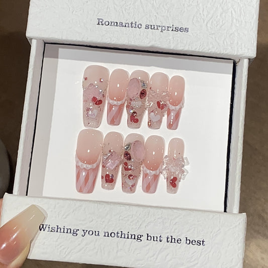Handmade nails,sweet style nails,pink,long square,cream , silk ribbon and butterfly on the nails,reusable,for everyone