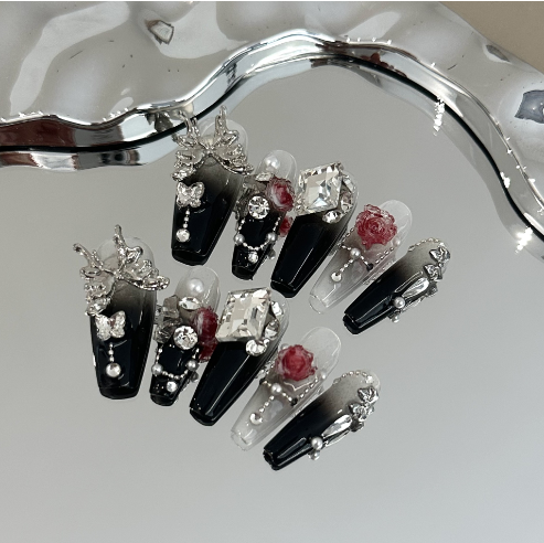 Handmade nails,light luxury high-end style,black Ombre nails,long square,camellia flower  and butterfly on nails,banquet,for everyone