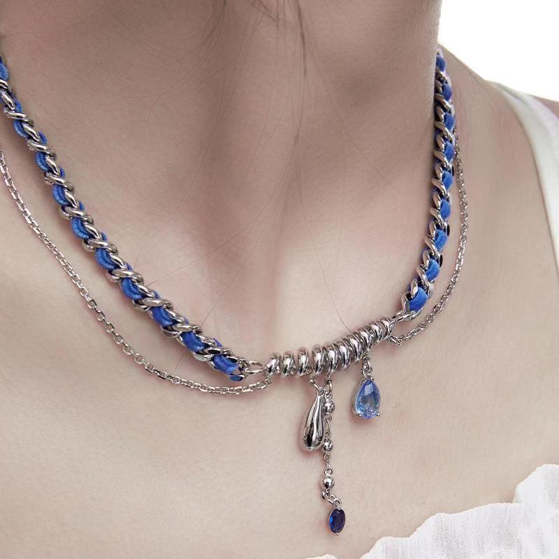 Luxury jewelry, alloy blue velvet, drop shaped necklace, blue, for everyone