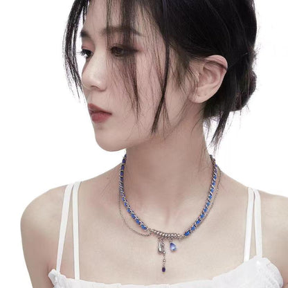 Luxury jewelry, alloy blue velvet, drop shaped necklace, blue, for everyone