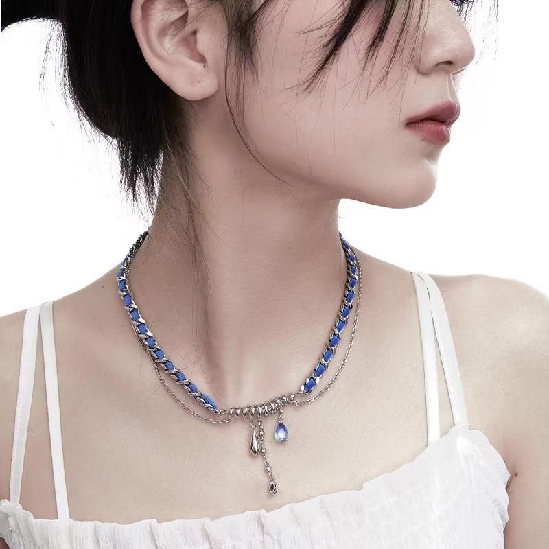 Luxury jewelry, alloy blue velvet, drop shaped necklace, blue, for everyone