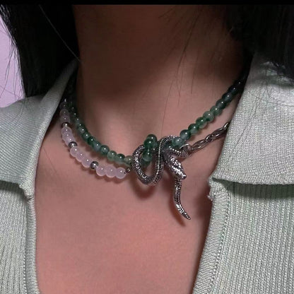 Chinese natural stone double spliced Luxury jewelry, alloy beaded, snake shaped necklace, green, suitable for everyone