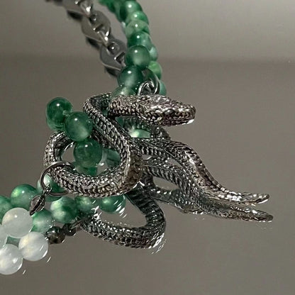 Chinese natural stone double spliced Luxury jewelry, alloy beaded, snake shaped necklace, green, suitable for everyone