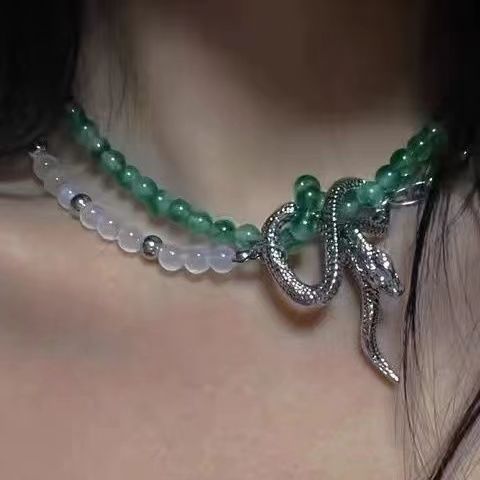 Chinese natural stone double spliced Luxury jewelry, alloy beaded, snake shaped necklace, green, suitable for everyone