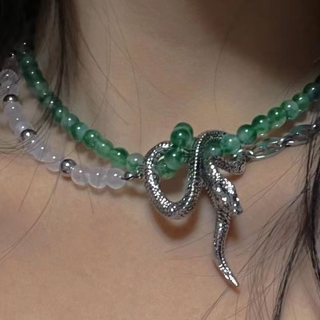 Chinese natural stone double spliced Luxury jewelry, alloy beaded, snake shaped necklace, green, suitable for everyone