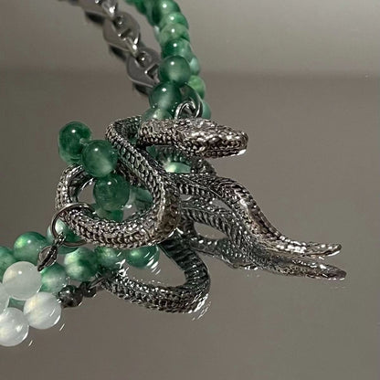 Chinese natural stone double spliced Luxury jewelry, alloy beaded, snake shaped necklace, green, suitable for everyone