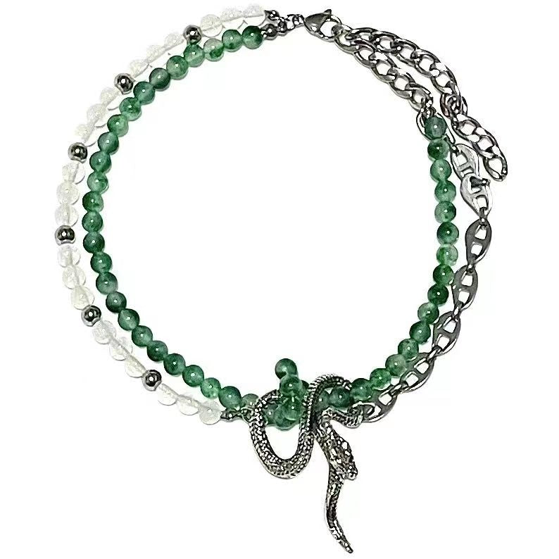 Chinese natural stone double spliced Luxury jewelry, alloy beaded, snake shaped necklace, green, suitable for everyone